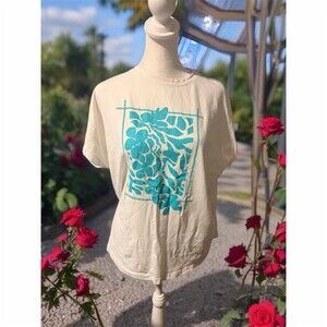LO.V. T-Shirt Womens Size S Ivory Turquoise Floral Graphic Back Buttons